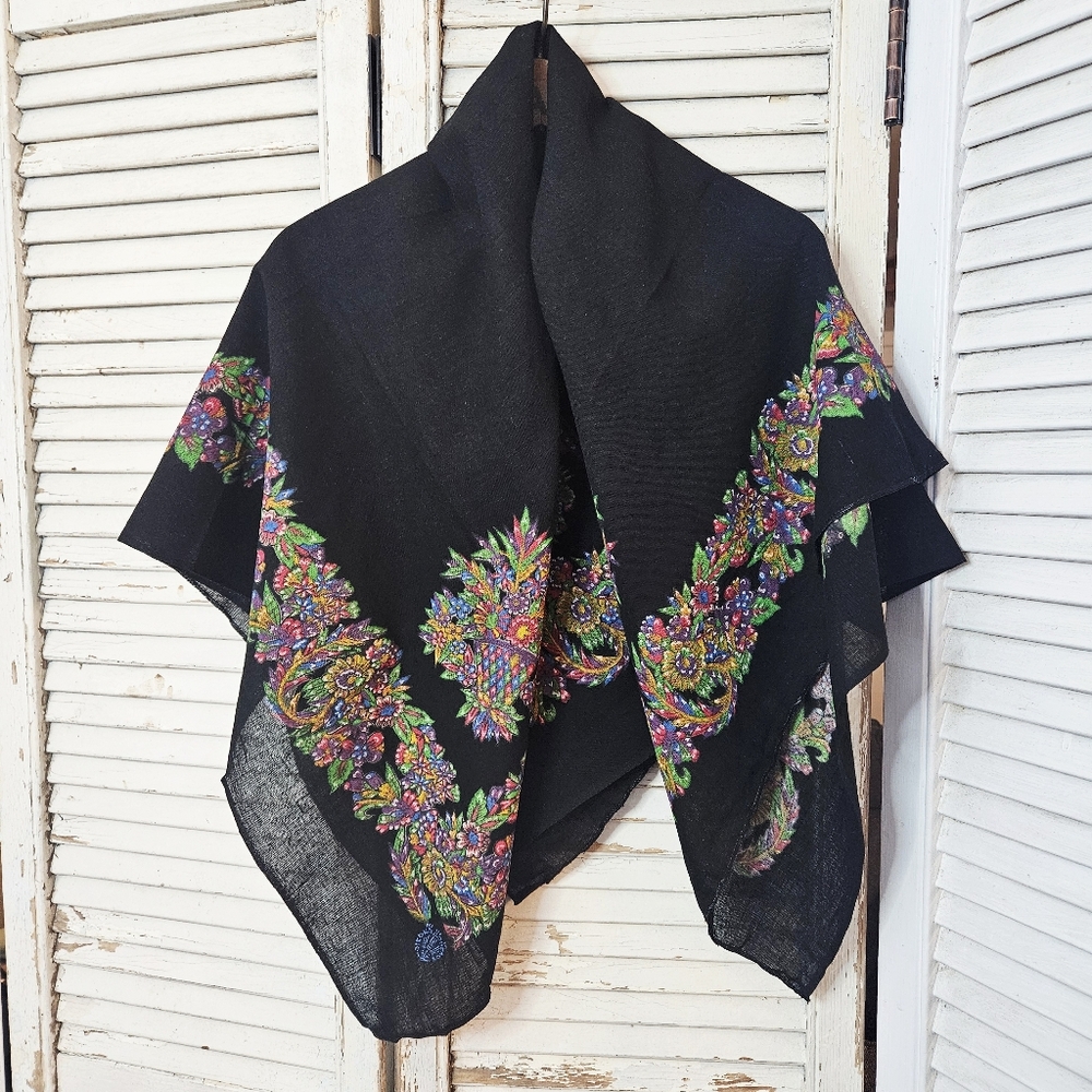 Vintage 70s Black Cotton Square Scarf/Shawl With Vibrant Printed Border Design